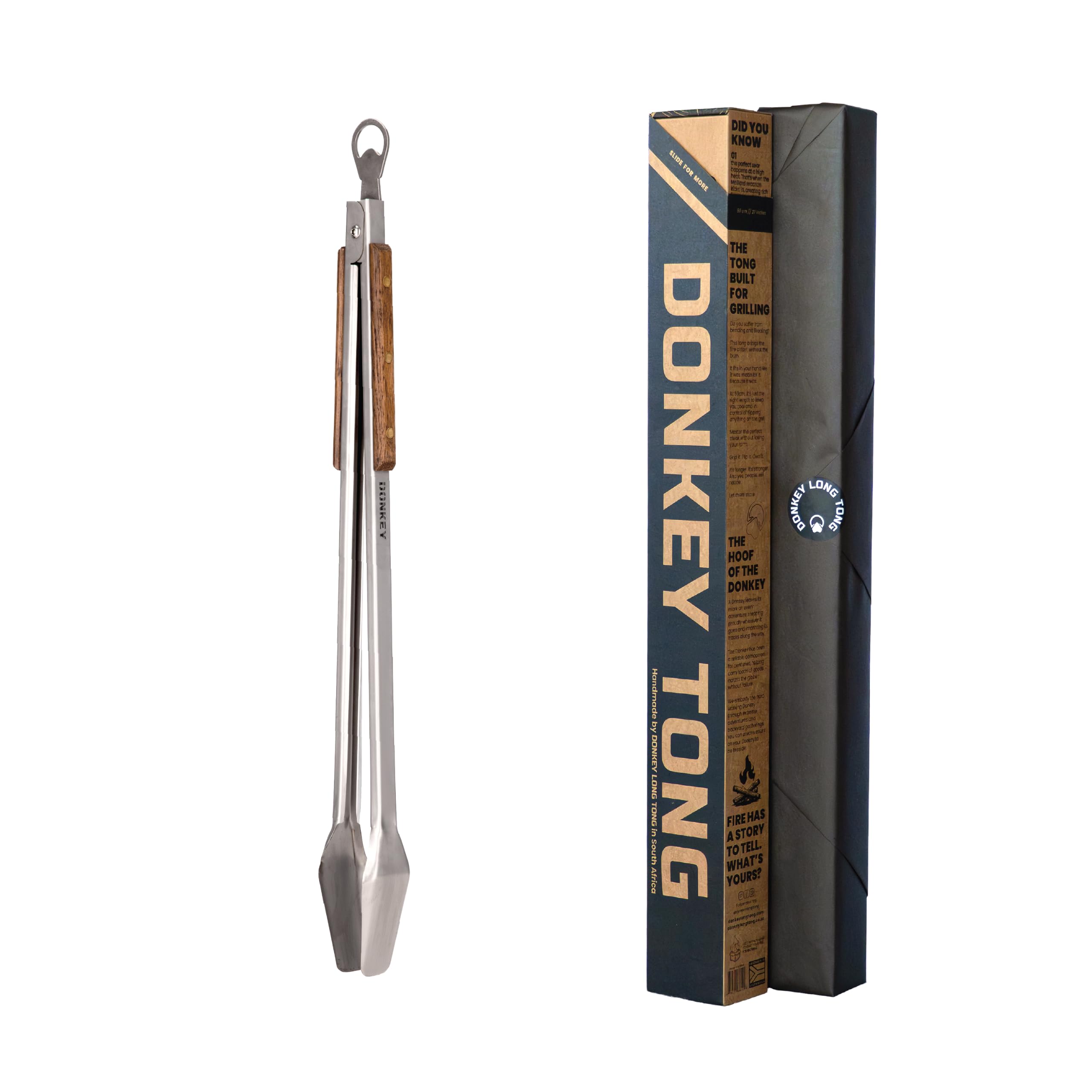 Donkey Tong 68,6 cm robuste Grillzange | Extra lange Grillzange mit Eichenholzgriff | Handgefertigte Fleischzange aus Edelstahl zum Grillen, Räuchern, Holzkohle & Lagerfeuer Kochen | Grillgeschenk für