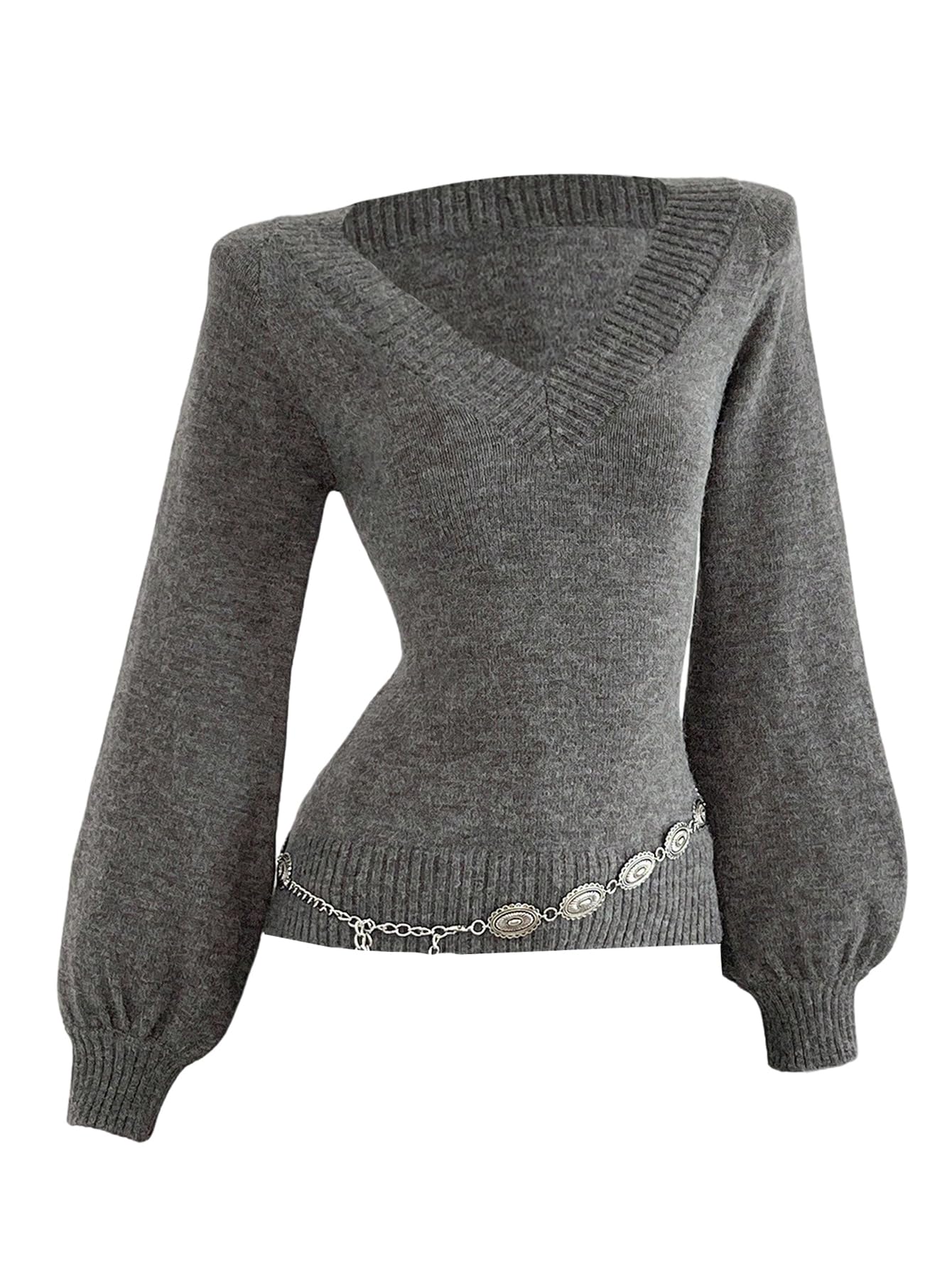 Floerns Womens V Neck Sweaters Bishop Sleeve Knitted Fall Outfit Pullover Tops