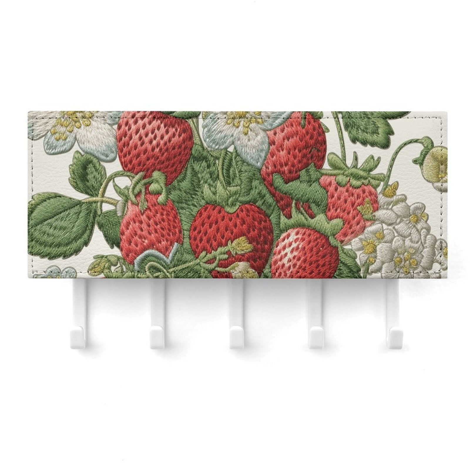 Fekiloot White Strawberry Embroidery Key Holder For Wall Adhesive, No Drilling, Key Hooks With 5 Hooks Wall Mounted, Self Adhesive Keys Rack For Entryway, Hallway, Living Room, Kitchen, Office