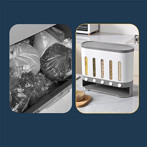 Miniatura 7 de TFCFL Dispensador de alimentos secos montado en la pared de 5 rejillas de 10L, dispensadores de cereales, contenedor de almacenamiento de alimentos,