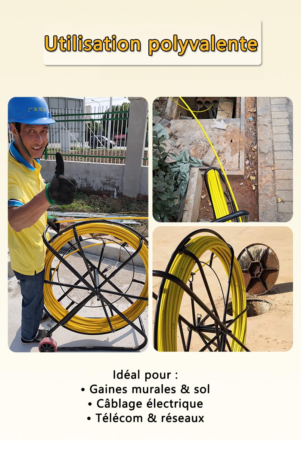 Ruban à Poisson en Fibre de Verre 200m 6mm - Aiguille Électricien pour Tirage de Câbles Électriques - Extracteur avec Bobine et Support Acier - Conçu pour Conduits Murs et Tuyaux Non Conducteurs【200m】