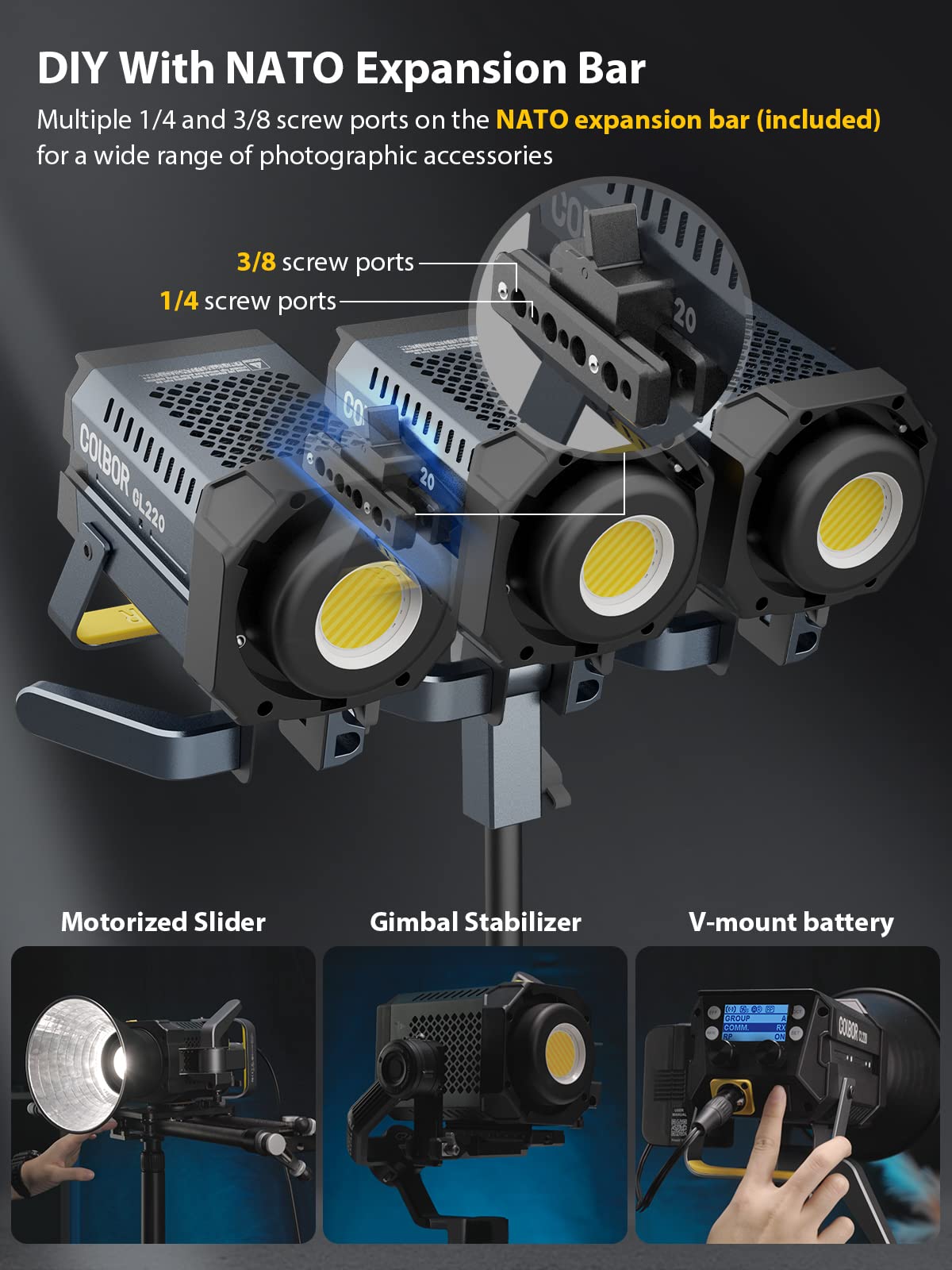 Luce Video, COLBOR CL220 PRO 220W Video Light Bicolore 2700~6500K CRI96+ 52700Lux@1m, COB Luce Studio con APP Attacco Bowens 10 Effetti di Illuminazione per Fotografia, LED-Luce-Video-Studio-Monoluce
