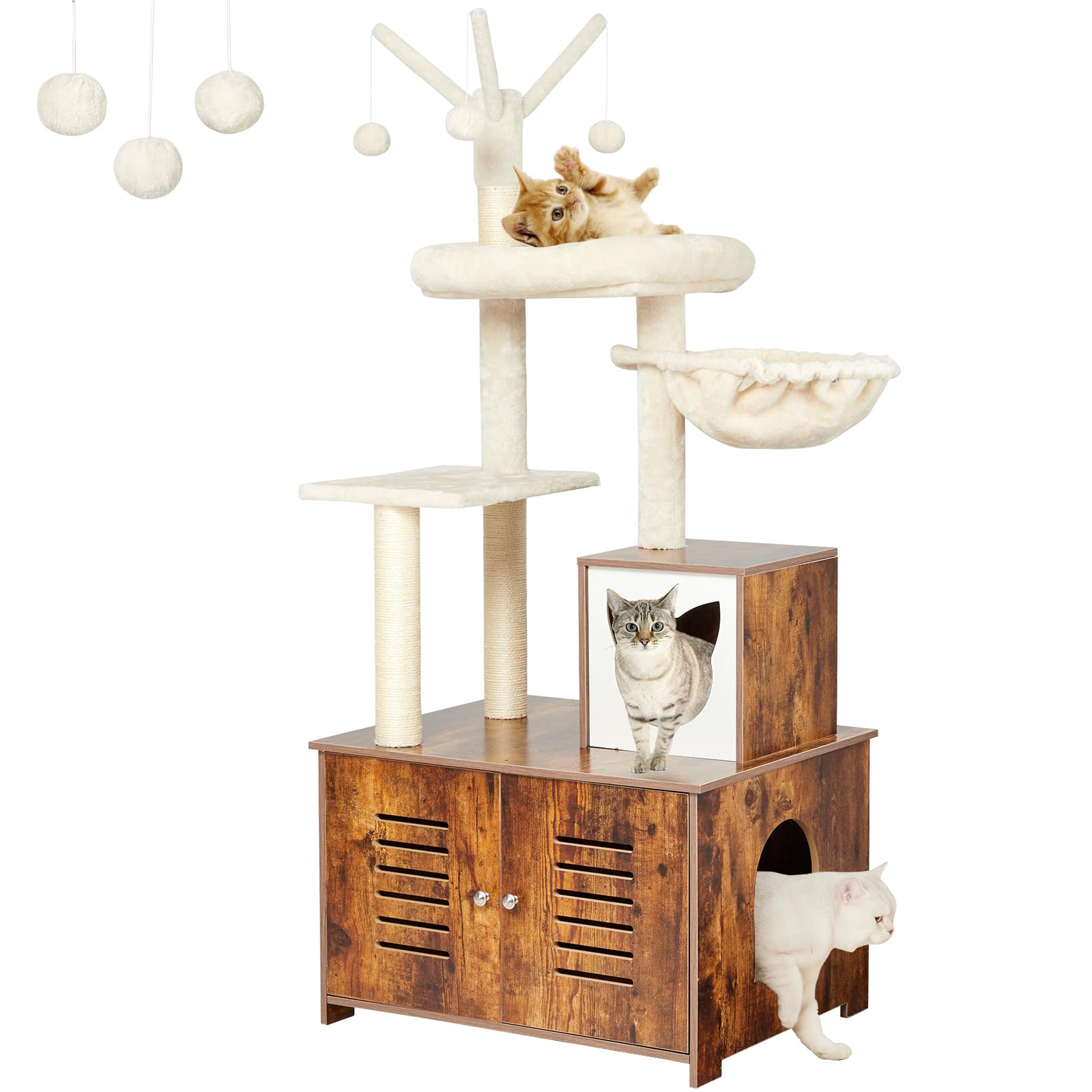 Cat Tree with Litter Box Furniture Hidden Enclosure, 2-in-1 Modern Tower, Cat Condo with Scratching Posts