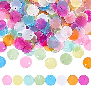 PH PandaHall 240pcs Shell Connector Charms Colored Capiz Shells with Holes, 15mm Flat Natural Round Shells Pieces Sea Shell Coin Bead for Necklace Earring Jewelry Making Crafts