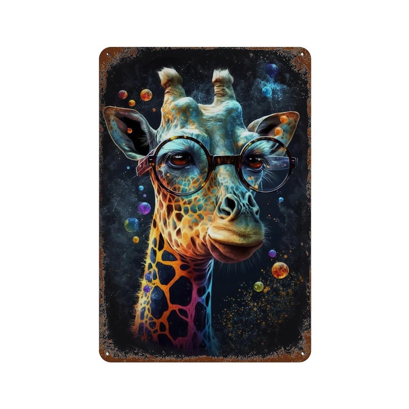 Giraffe Glasses Space Art Print-1 Vintage Rust Metal Sign 11.8"x7.9", Ideal for Cafe, Home Bar And Lounge Decor