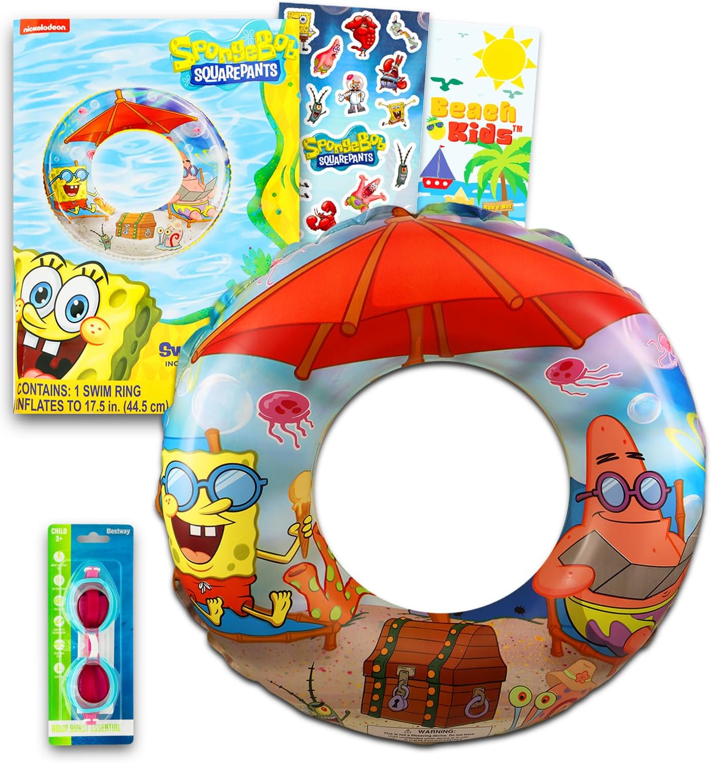 Spongebob Pool Party Toy Set for Kids - Bundle with Inflatable Swim Ring, Swimming Goggles, Stickers and More | Spongebob Squarepants Pool Toys for Girls, Boys Summer Parties