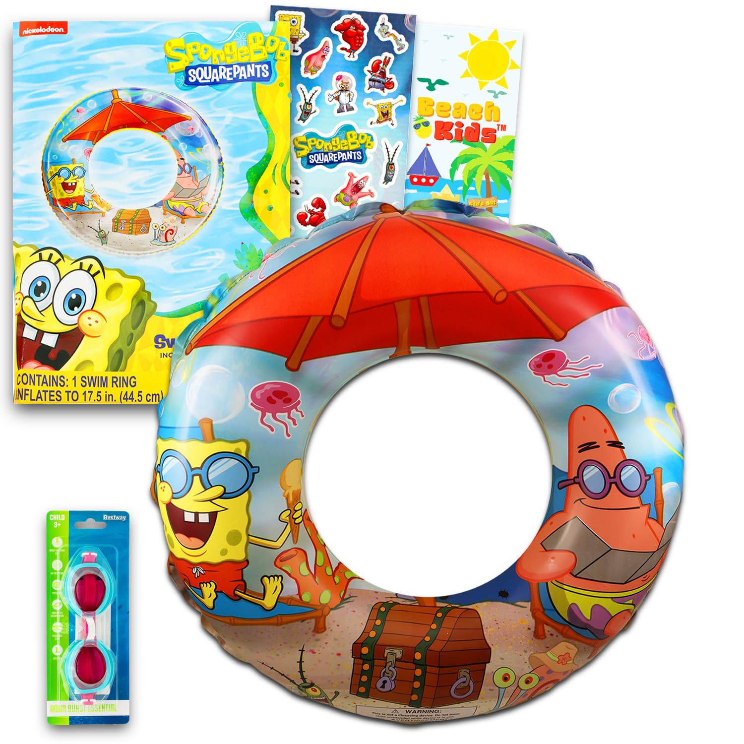 Spongebob Pool Party Toy Set for Kids - Bundle with Inflatable Swim Ring, Swimming Goggles, Stickers and More | Spongebob Squarepants Pool Toys for Girls, Boys Summer Parties