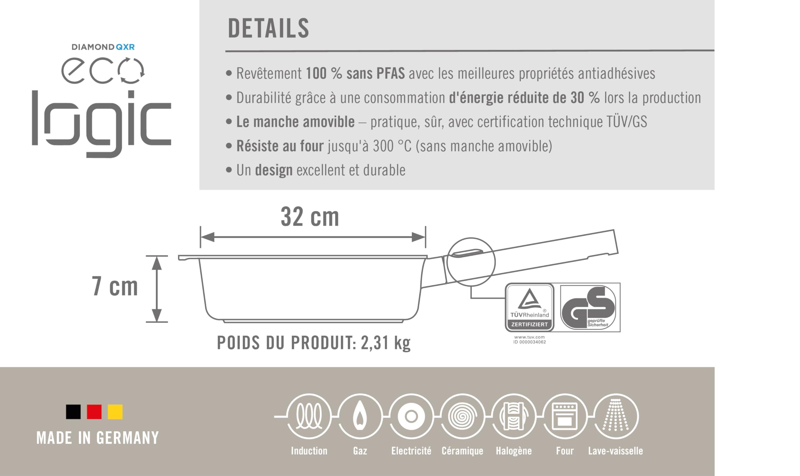 WOLL – Poêle à bords hauts Eco Logic QXR Ø 32 cm, hauteur 7 cm, avec manche amovible – poêle antiadhésive sans PFAS, compatible four – poêle induction – poêle pour induction – poêle à frire haute