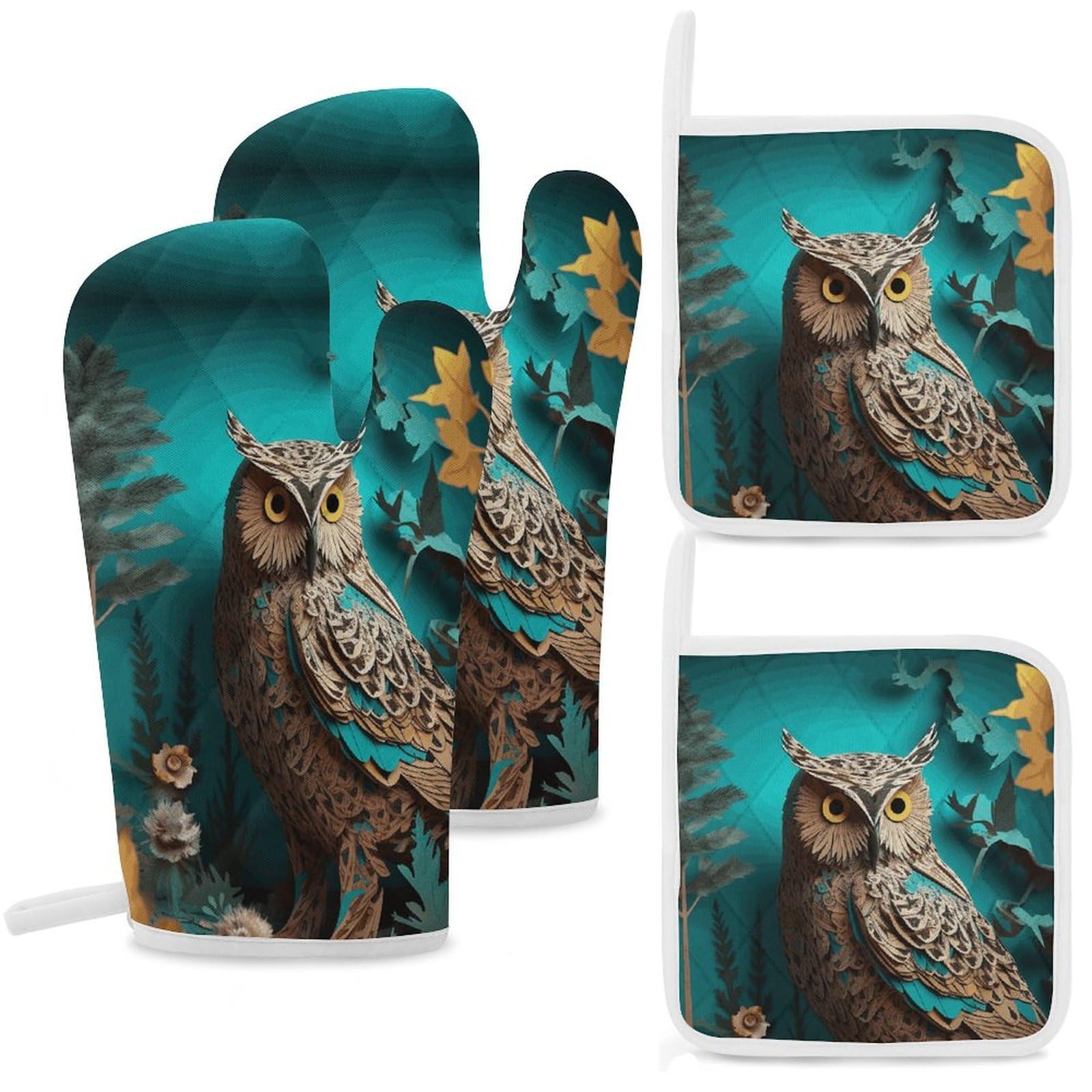 Owl Oven Mitts and Pot Holders Sets Heat Resistant Oven Glove with Hanging Loop for Baking Cooking BBQ Thicken Potholders for Kitchen