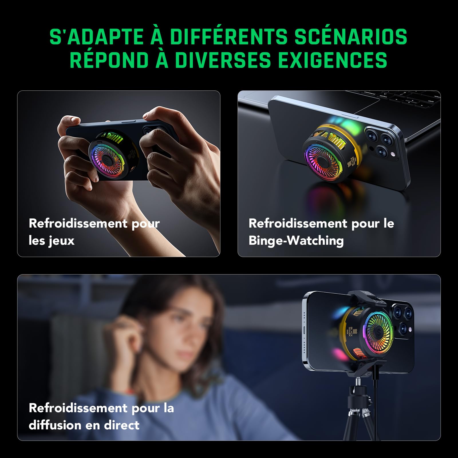 Black Shark FunCooler 5 Refroidisseur Telephone Magnétique, ventilateur telephone portable avec éclairage RGB, Phone Cooler compatible avec la série magnétique iPhone/Android/tablette/iPad (Noir)