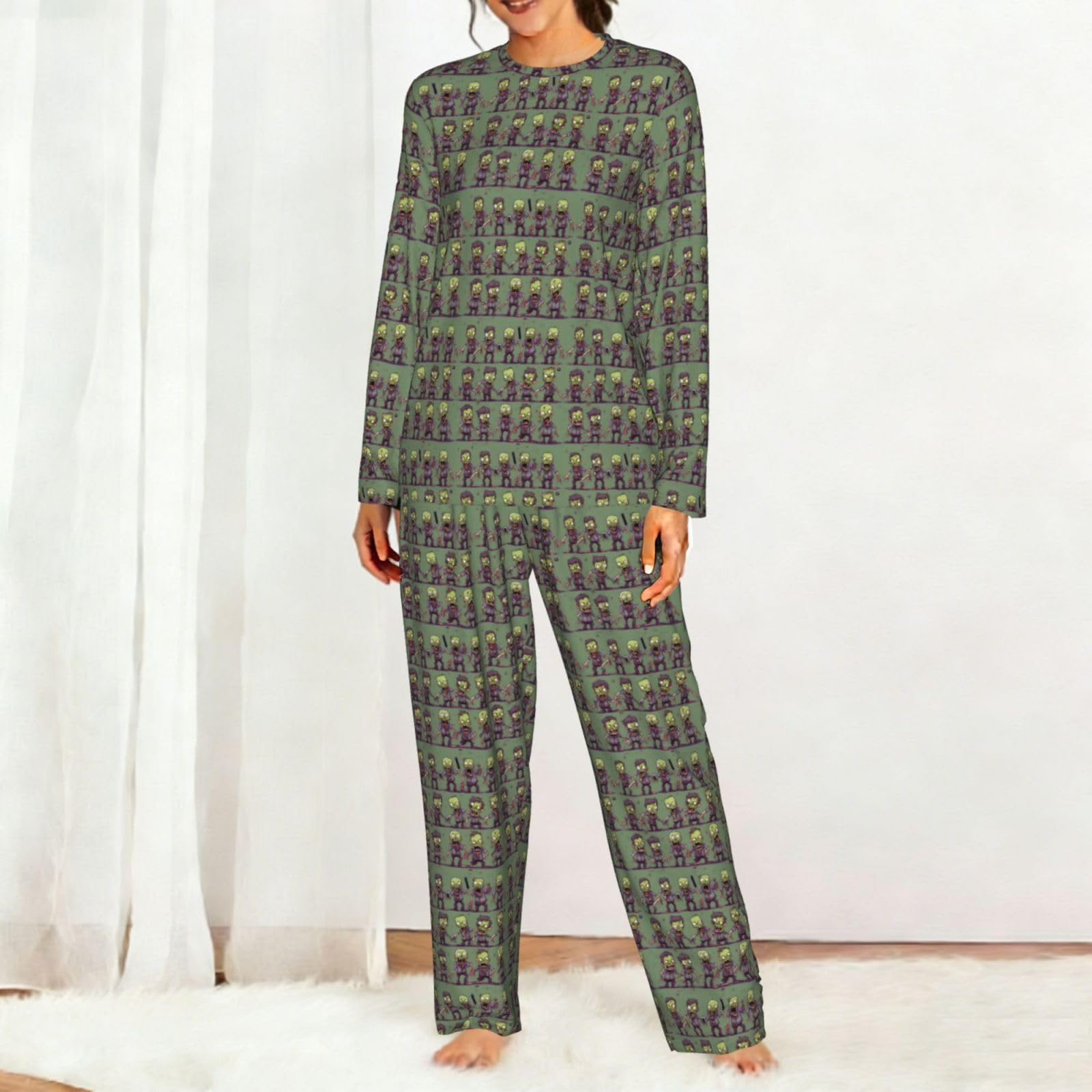 Pigiama da donna a maniche lunghe con stampa zombie, morbido, da spiaggia, vacanze, biancheria da notte, regalo casual