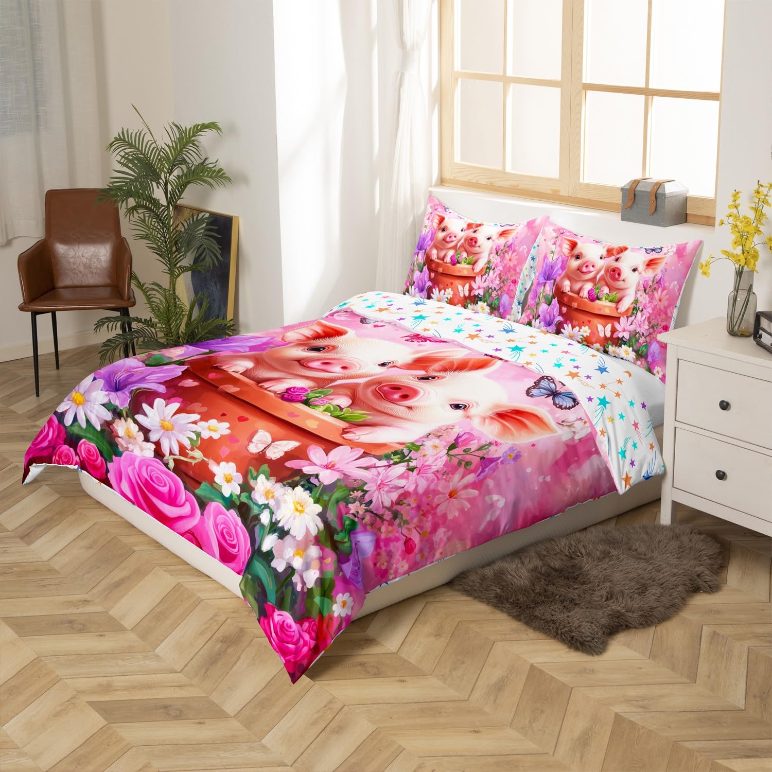 Niedliches Pärchen-Schweine-Bettbezug-Set, volle Größe, Rosen, Gänseblümchen, Valentinstag, romantisches Bettwäsche-Set, Mädchen und Frauen, Raumdekoration, Cartoon-Tier, rustikaler Bettbezug, rosa