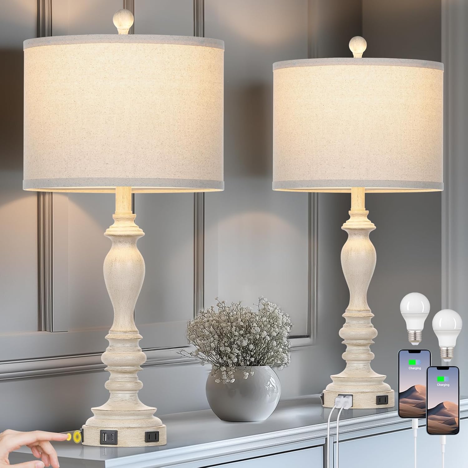 28" Table Lamps with USB C+A Ports & AC Outlets, Farmhouse Rustic Table Lamps Set of 2, Vintage End Table Nightstand Resin Bedside Lamp for Living Room Bedroom, Fabric Linen Shade Washed Antique Beige