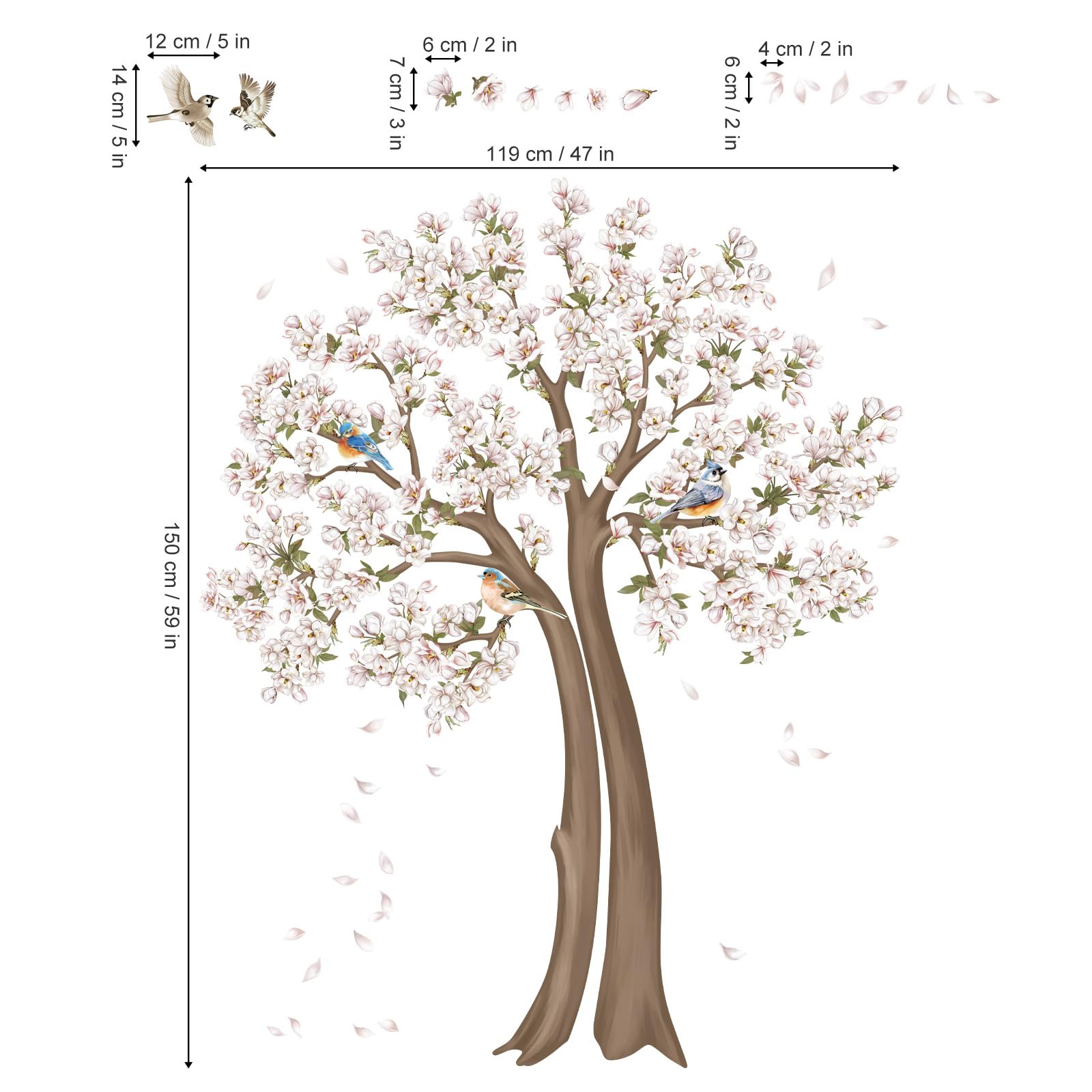 Decalmile Stickers Muraux Oiseaux Sur Branche Arbre Autocollant Mural Fleurs Blanc Décoration Murale Chambre Enfants Salon
