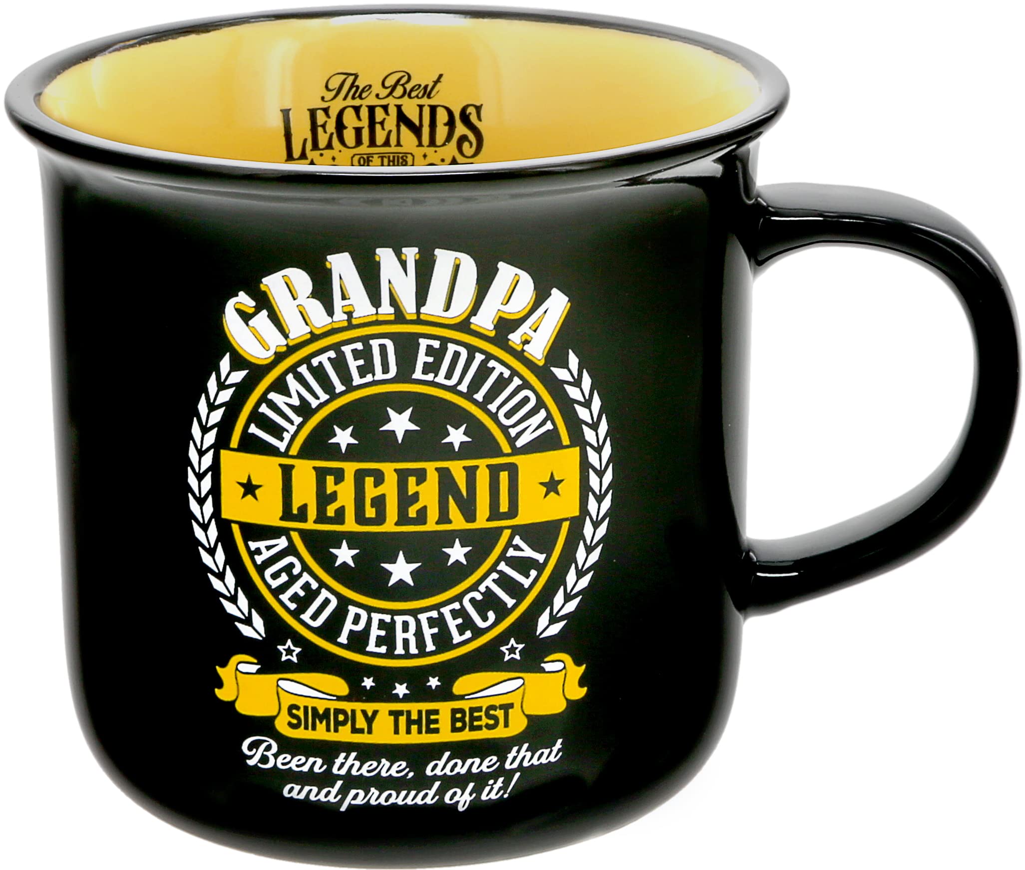 Grandpa Limited Edition Legend - Ceramic 13-ounce Campfire Mug, Double Sided Coffee Cup, Fathers Day Gift, 1 Count - Pack of 1, 3.75 x 5 x 3.5-Inches, Black/Yellow