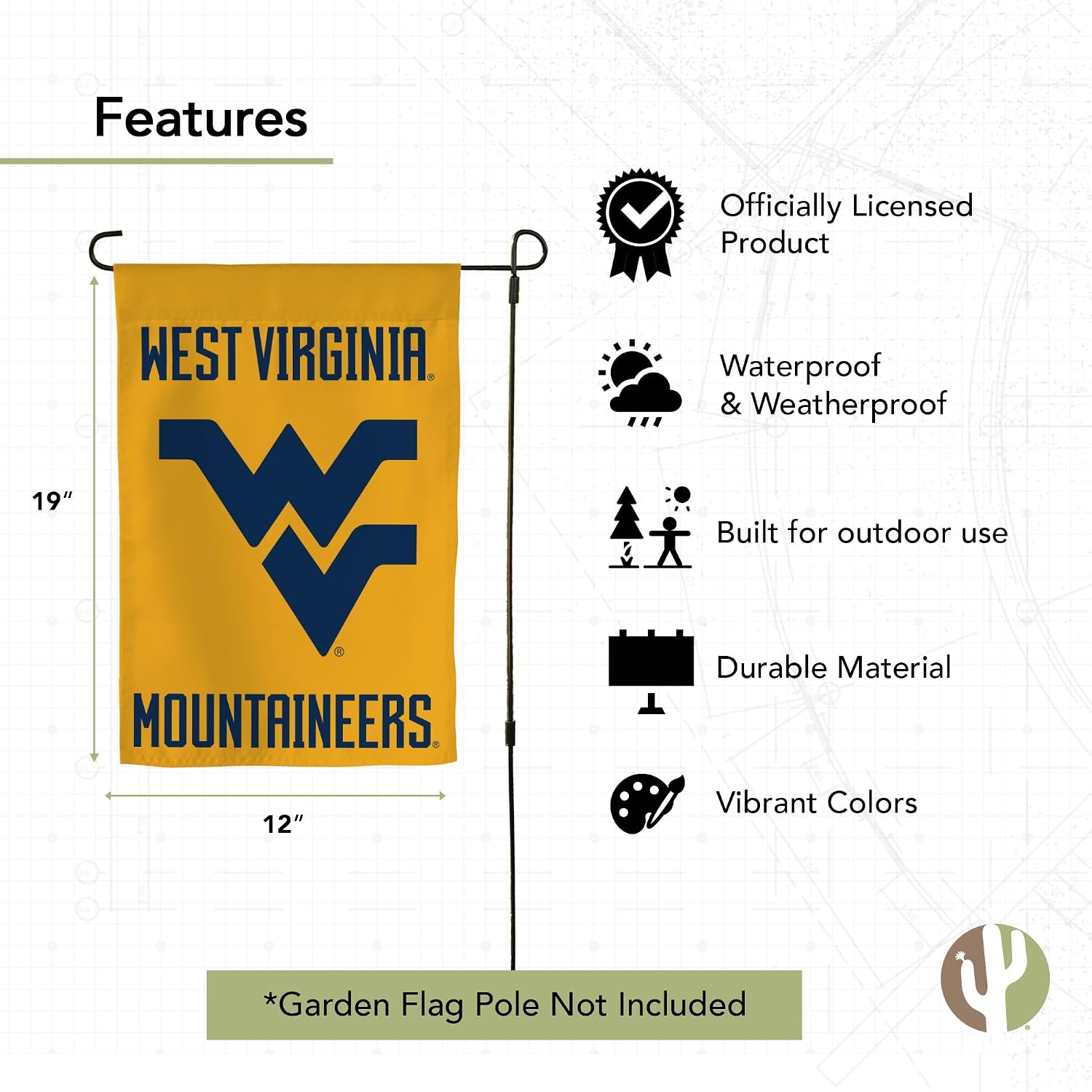 Desert Cactus West Virginia University WVU Garden Flag – 19 x 12 inch West Virginia Mountaineers Banner, For Outdoor Display and Events (Design D)
