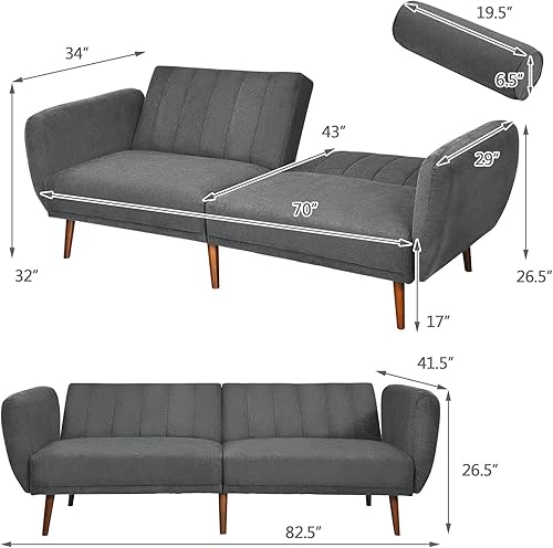 Miniatura 3 de KOMFOTT Sofá cama futón convertible, sofá biplaza de tela de lino moderno con respaldo dividido y ajustable, 6 patas de madera maciza, esponja de