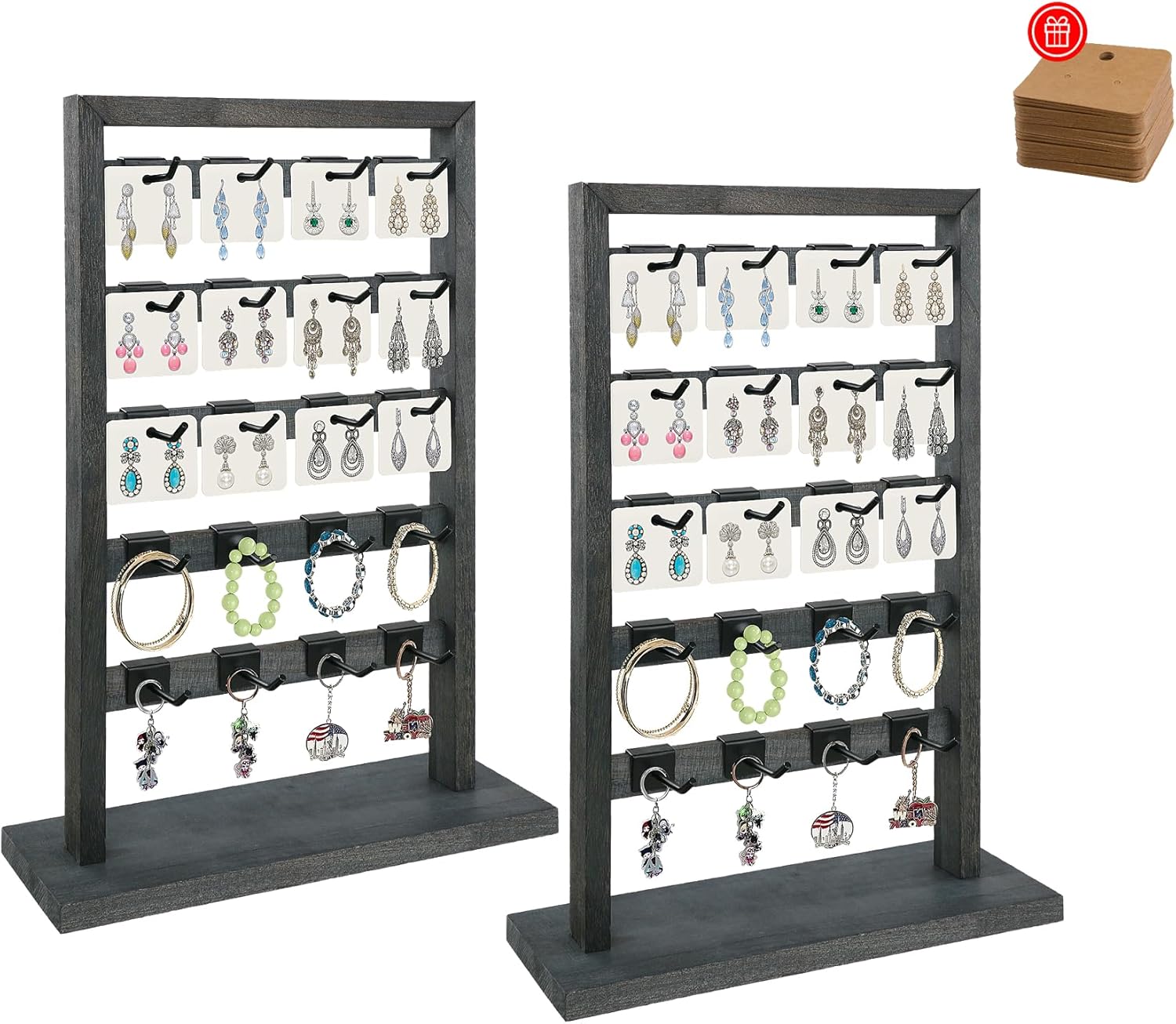 2 Pcs Set Wooden Jewelry Display Rack with 40 Removable Hooks | 40 Earring Cards, 5-Tier Earring Display Stand for Earrings, Necklaces, Bracelets, Keychains(Dark Grey) Dark Grey-2Pcs