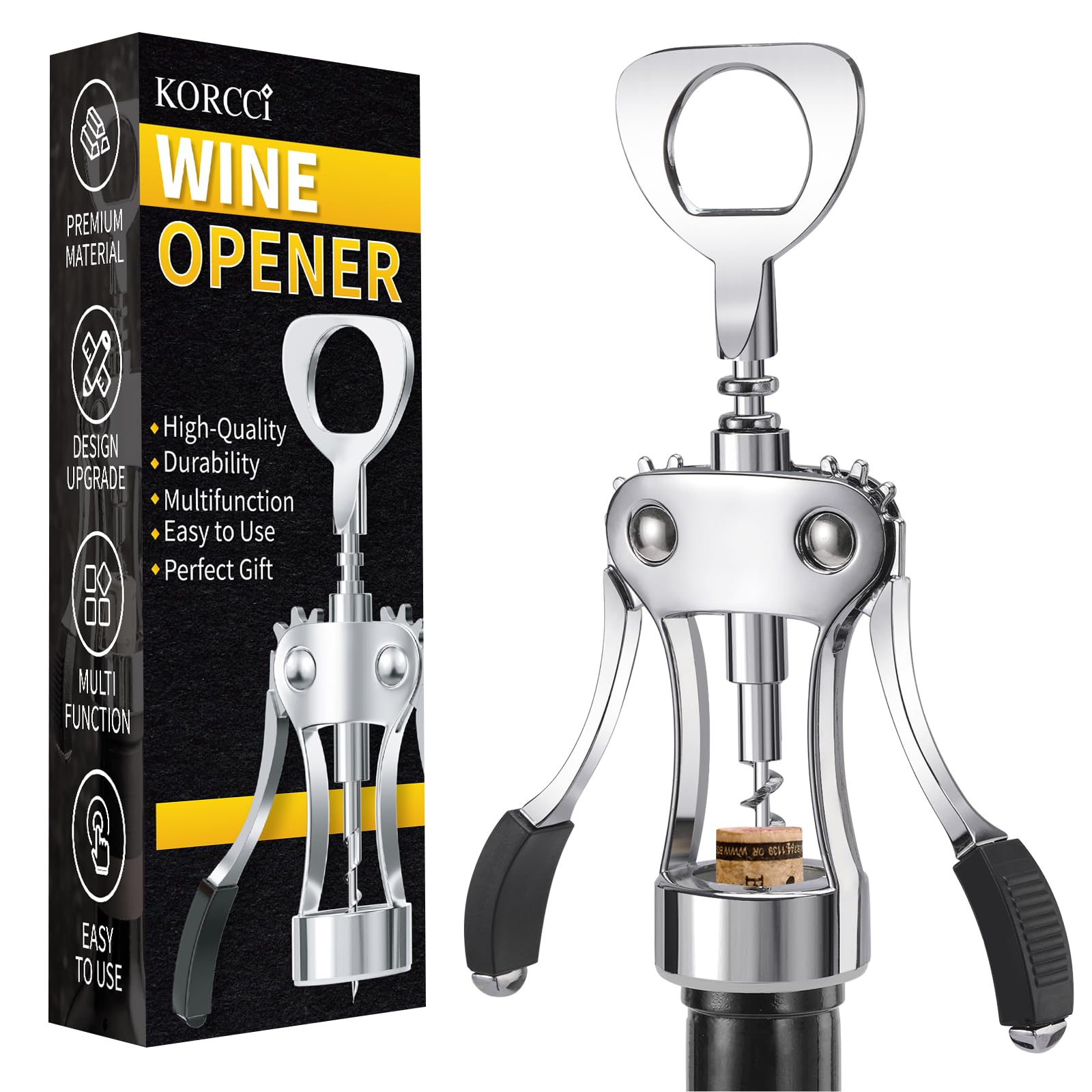KORCCI Wine Opener, Heavy-Duty Zinc Alloy Wing Corkscrew, Premium Beer Bottle Opener, Multifunctional Wine Accessories with Ergonomic Handle and Sharp Screw, for Kitchen, Bar, Restaurant (BOX)