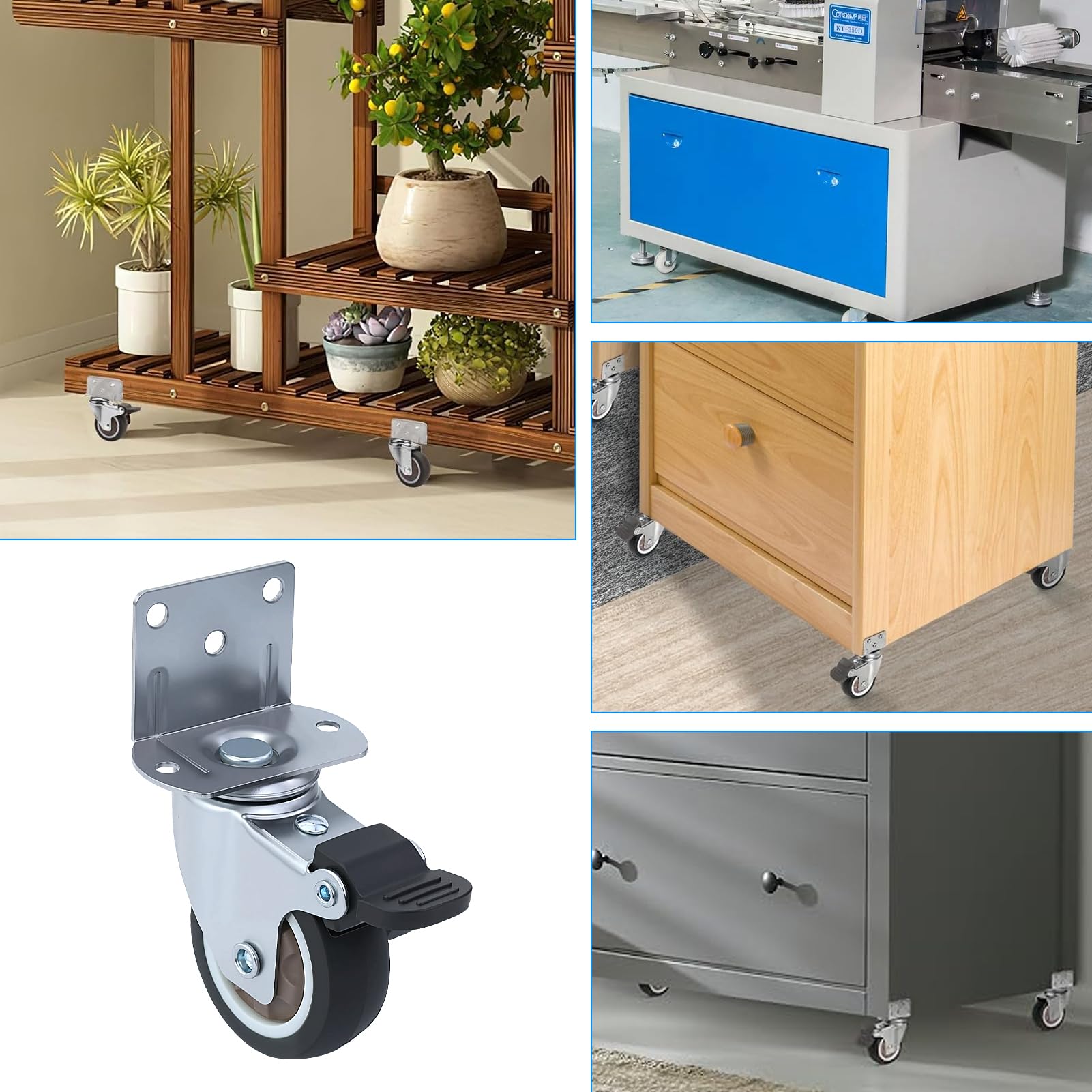 Babybay Lot de 2 roulette de meuble en L avec 2 freins - Roulettes en caoutchouc silencieuses - Pivotantes à 360° pour meubles - Idéal pour support de fleurs, table basse