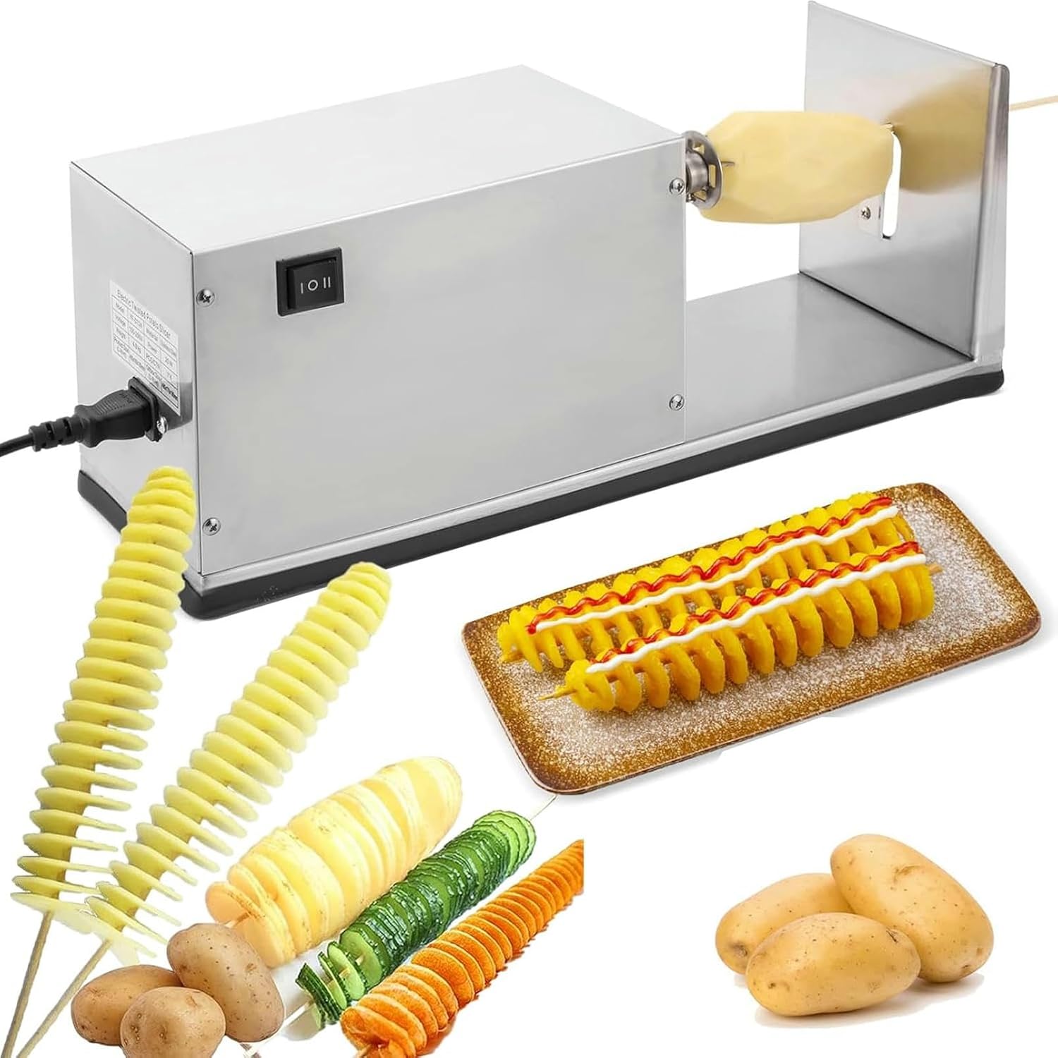 Wzglod Electric Potato Spiral Slicer - 50W Stainless Steel Automatic Twisted Potato Cutter Machine for Home Commercial Use - 2.5-3mm Even Thickness Vegetable Cutting Machine