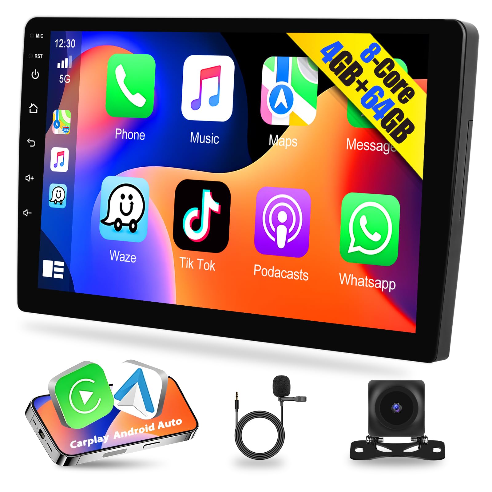 Motorsi Qualcomm 8-Core 4+64G Android Double Din Car Stereo Audio 9 Inch IPS Touchscreen Wireless Carplay Android Auto with 3D Car Model Bluetooth