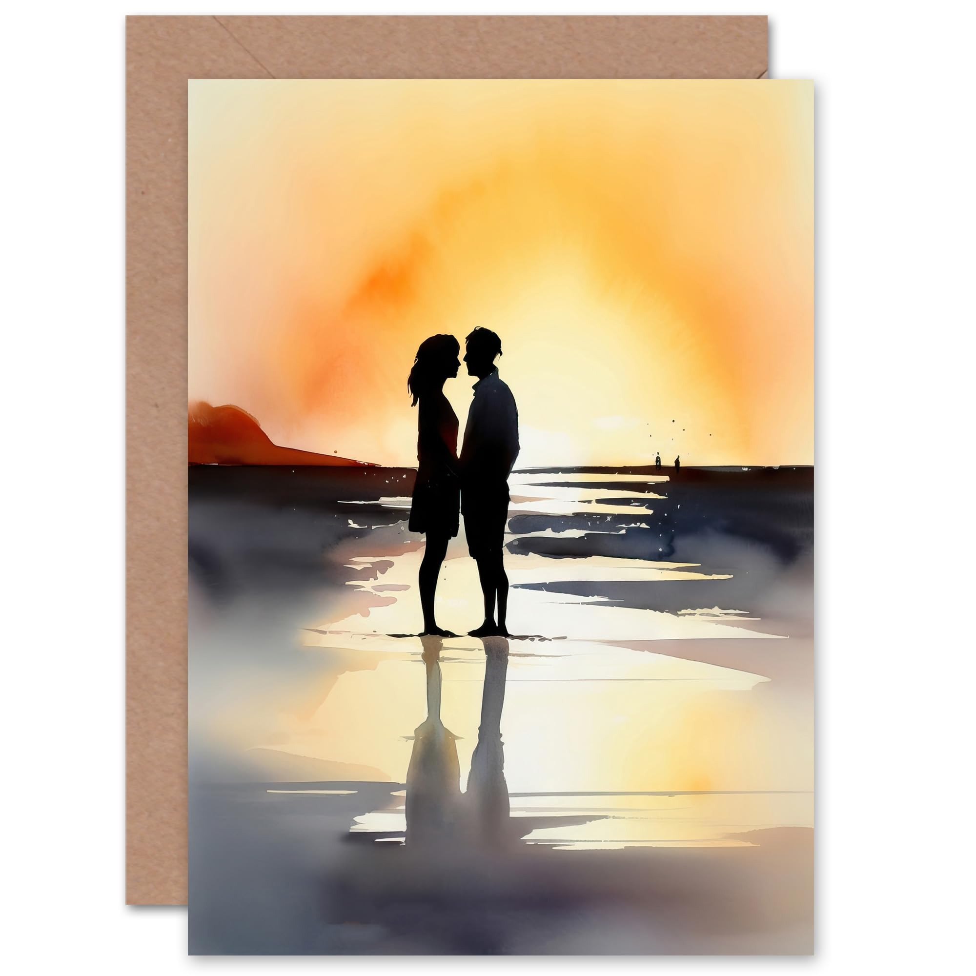 Artery8 Kisses at Dawn Watercolour Romance Love Beach for Him or Her Man Woman Anniversary Valentines Day Love Blank Art Greeting Card