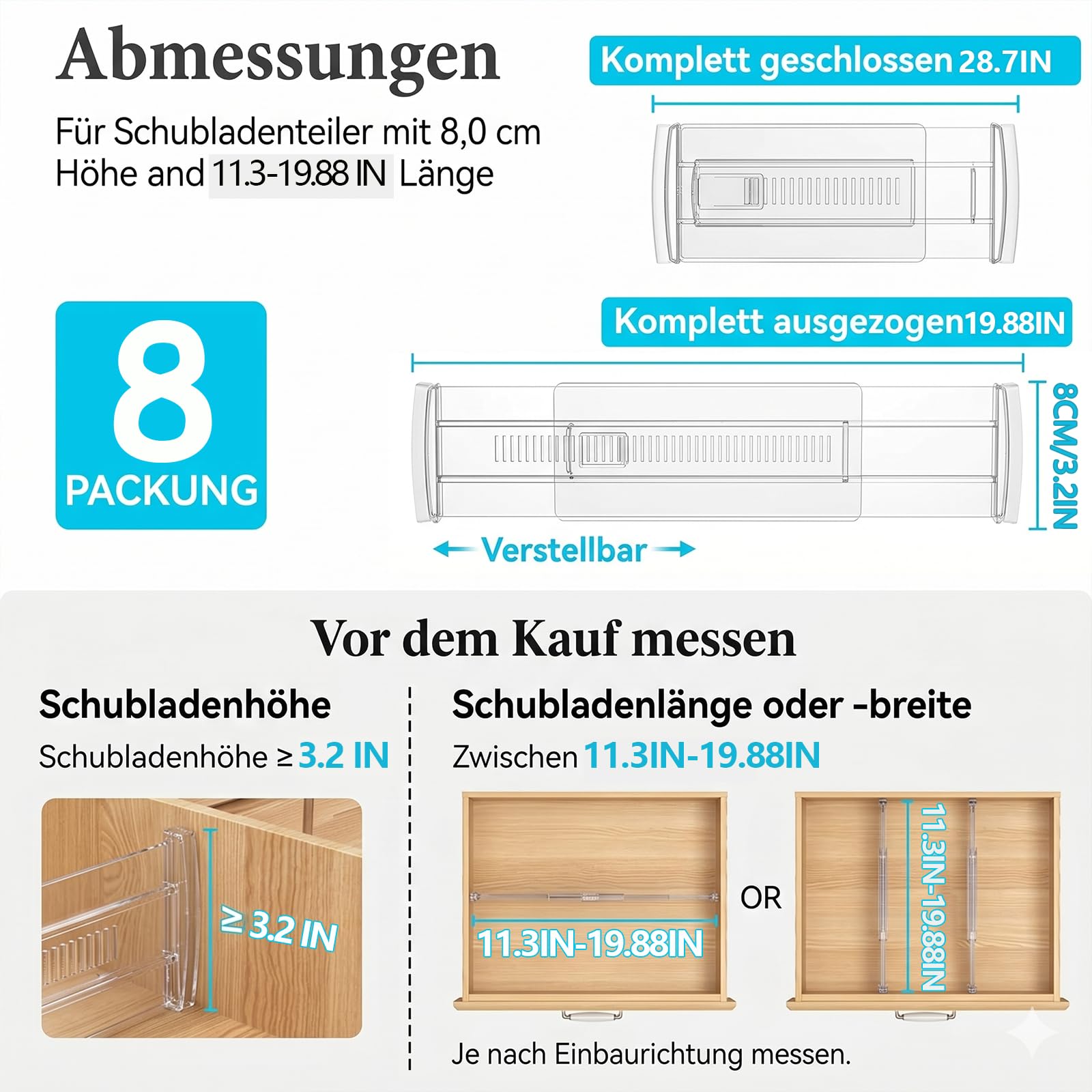 Set di 8 Divisori per Cassetti Regolabili | Separatori Trasparenti (Lunghezza: da 28,7 a 50,5 cm) | Divisori Organizer per Cucina, Guardaroba, Scrivania e Cassettiera