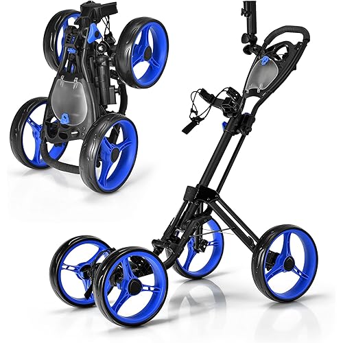GYMAX Folding Golf Push Cart, 4 Wheel Height Adjustable Golf Trolley with Flexible Umbrella Holder, Cup Holder and Foot Brake, Lightweight Portable Golf Cart for Club Adult Teenager