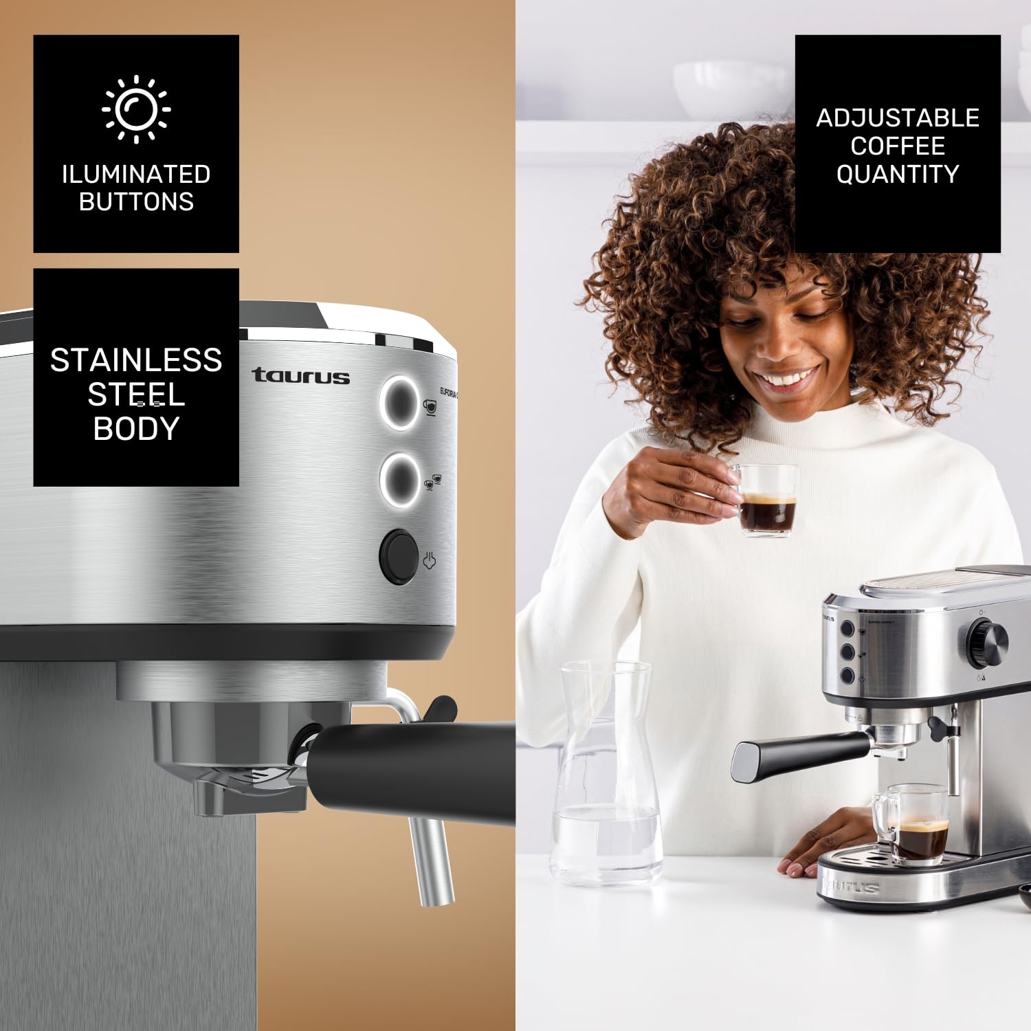 Taurus - Macchina da Caffè Espresso Euforia Compact 1350W | 20 Bar di Pressione | Sistema Thermoblock | Filtro Supreme Cream | Vaporizzatore Orientabile | Doppia Erogazione | Cucchiaio Dosatore