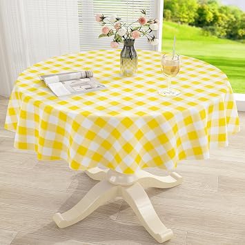 misaya Round Waterproof Vinyl Table Cloth, Buffalo Flannel Backed Tablecloth, Wipeable Plastic Table Cover for Dinner, Kitchen, Picnic 60", Yellow and White