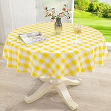 misaya Round Waterproof Vinyl Table Cloth, Buffalo Flannel Backed Tablecloth, Wipeable Plastic Table Cover for Dinner, Kitchen, Picnic 60", Yellow and White