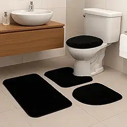 Jogo De Tapete Para Banheiro 3 Peças Antiderrapante Algodão (Preto)