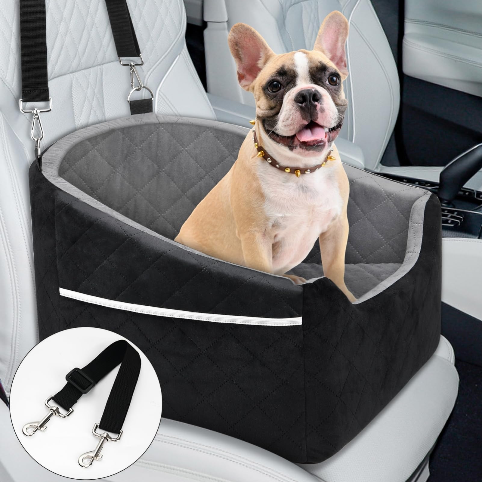 Mozvvco 2 en 1 Asiento Perro Coche Pequeño & Cama Perro Coche de Felpa Suave & Corta - Silla Perro Coche Asiento Coche Perro con Cojín Grueso - Antideslizante, Desmontable, Lavable - Negro