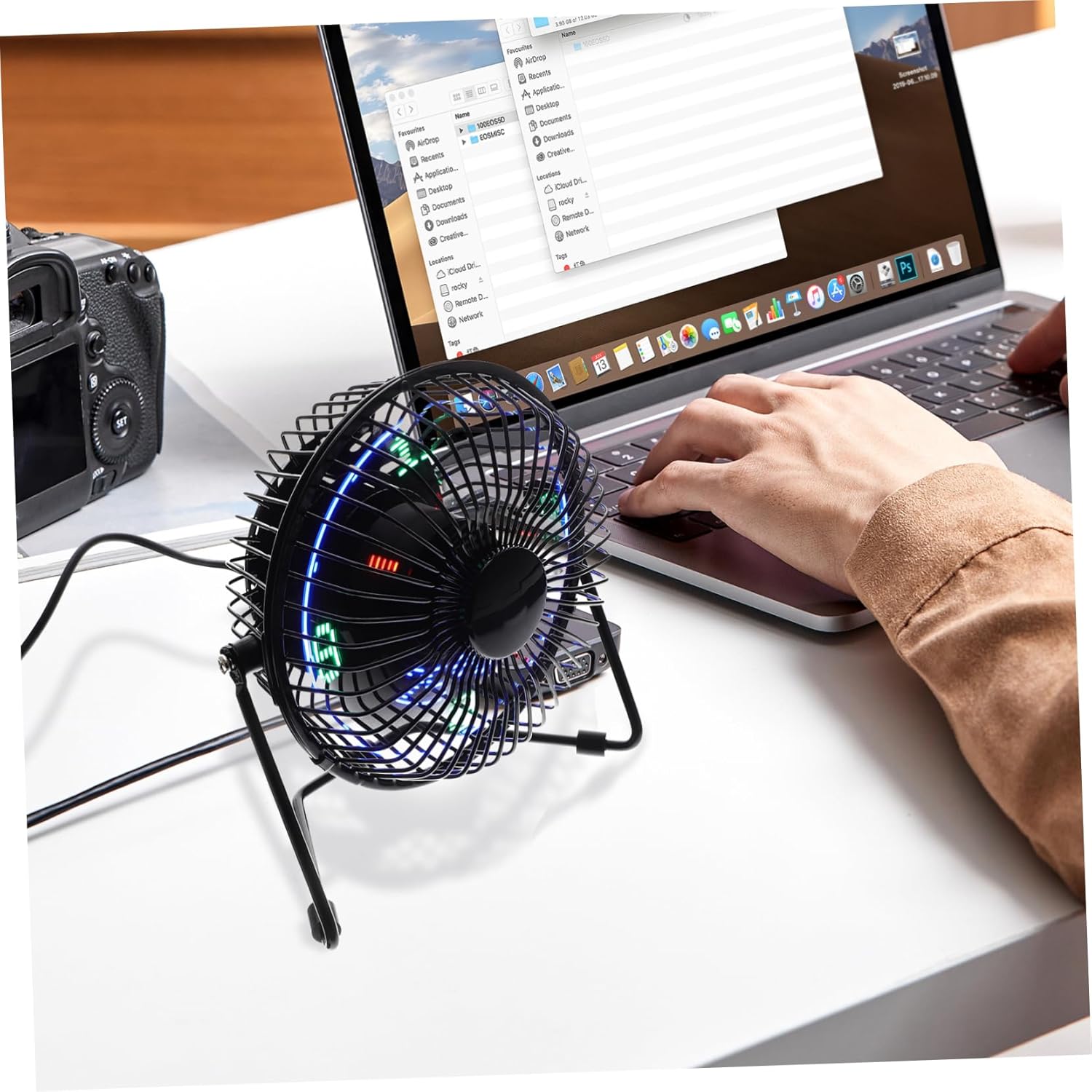 Gatuida Mini Desktop USB Portable LED Fan with Metal Frame Motor Temperature Message Display Quiet Cooling for Office Home Travel