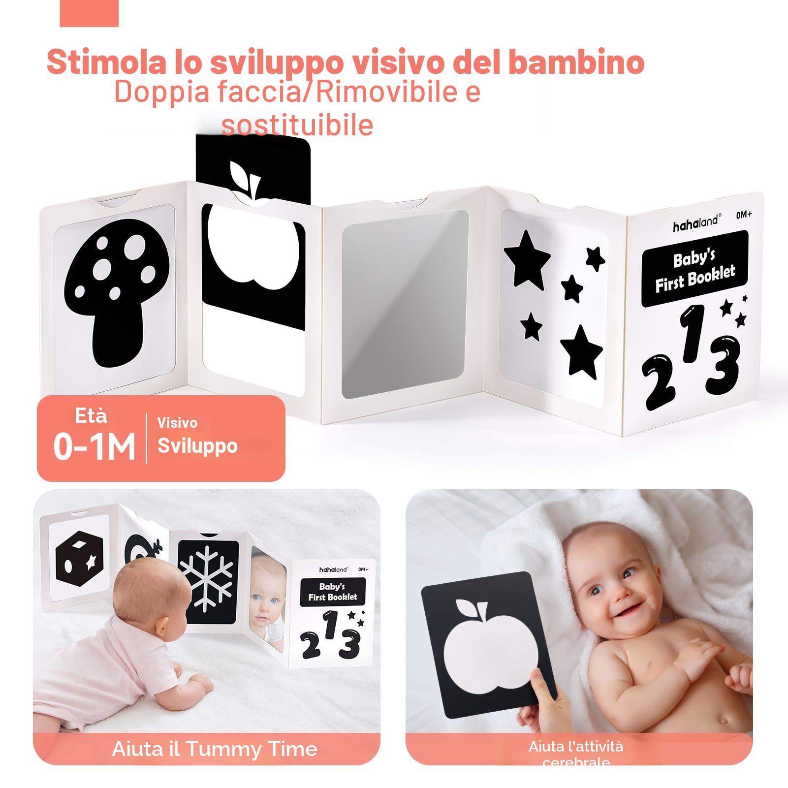 hahaland Giochi Neonato 0-3 Mesi 30 Pezzi - Giochi Bianco e Nero Neonati Sensoriale, Libro/Songlio/Specchio/Peluche Neonata Tummy Time, Regalo Nascita Bimbo per 0 3 6 12 Mesi