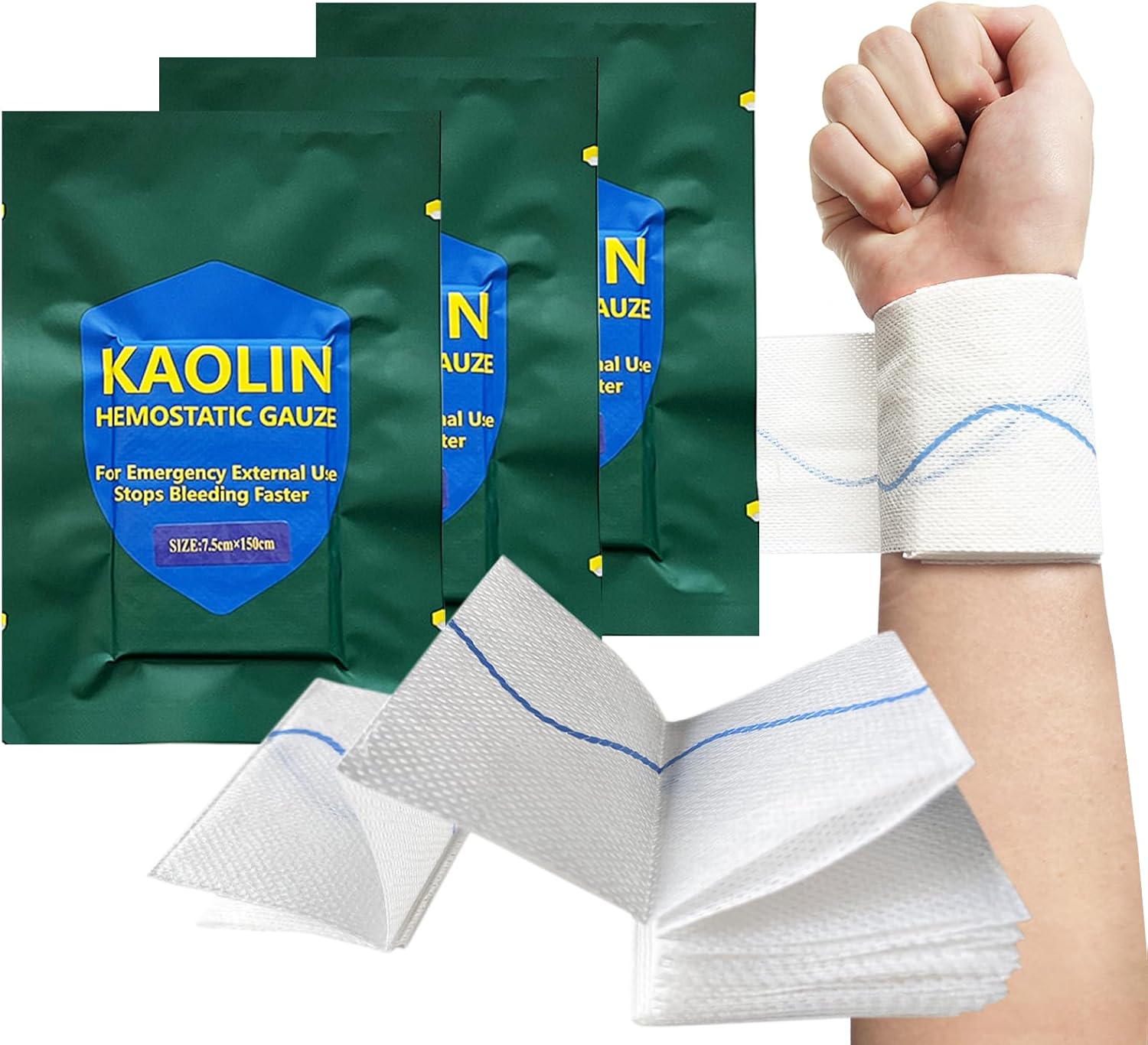 Hemostatic Gauze for Quick Clot Trauma Kit – 3" x 5' Kaolin Infused Quick Clot Gauze & Bleed Stop Dressing, Sterile Z-Fold Wound Packing for Emergency First Aid, Tactical IFAK & Survival Gear (3)