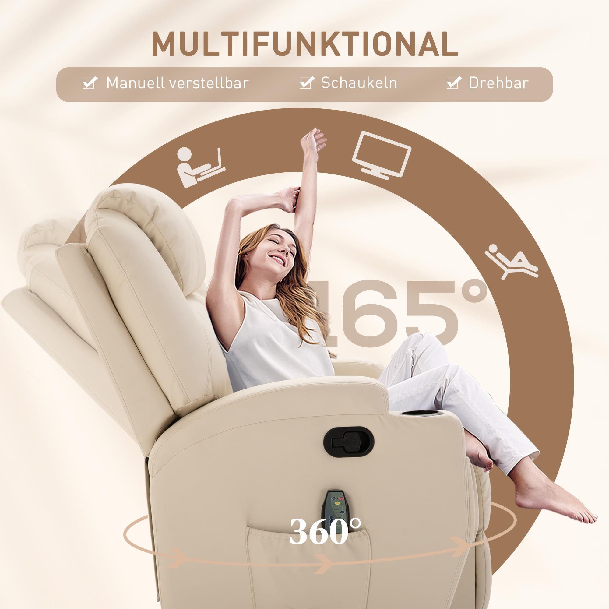 HOMCOM Relaxsessel Massagesessel mit Liegefunktion Vibration Cremeweiß | Fernsehsessel, Fußteil, Seitentasche, TV Sessel, Liegesessel, Ruhesessel, für Wohnzimmer