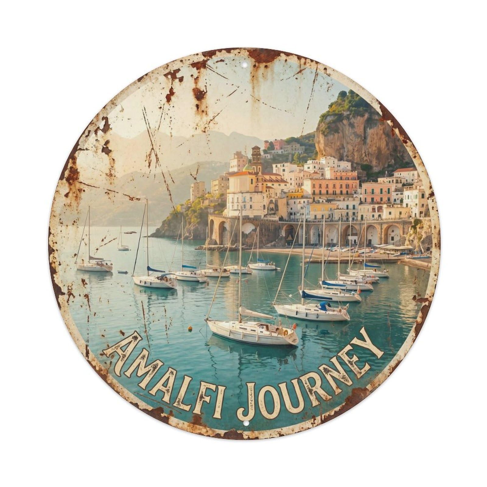 Retro Amalfi Harbor Sailboat Tourism Coastal Village Metal Tin Sign Plaque Wall Decor for Cafe, Man Cave, Club Bar, Office, Home Garden Round Metal Poster 8x8Inch