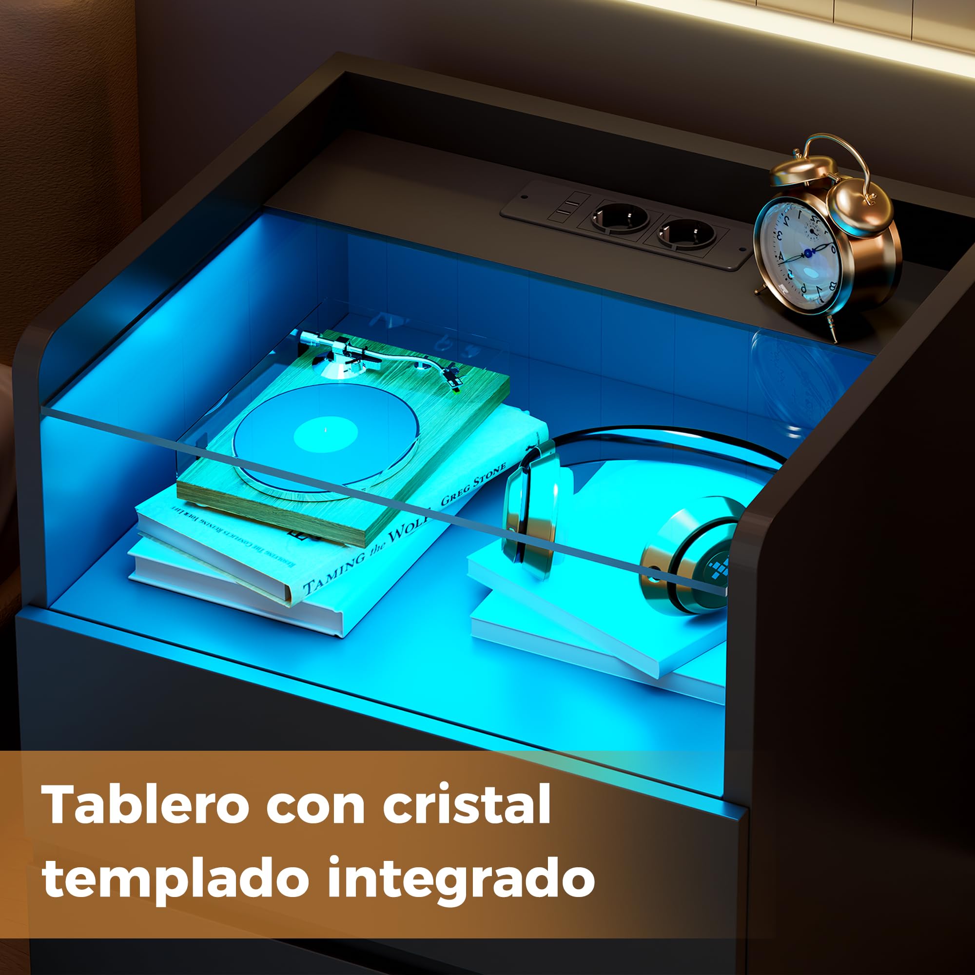 ANWBROAD Juego de 2 Mesitas de Noche con Enchufes Integrado y LED Luces, Mesilla de Noche con Tapa de Vidrio, Mesa Auxiliar con 1 Compartimento Abierto y 2 Cajones,para Salón,Dormitorio,Negro BNS001B