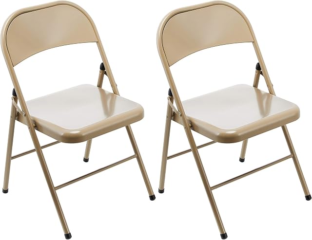LeChamp 2pcs Steel Folding Chairs Indoor Strong Metal Frame Camping Office Chair Foldable Dining Chairs Desk Chair for Guest, Visitor & Conference Temporary Seat Beige