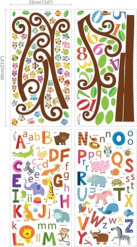 Miniatura 5 de Pegatina para pared de Decowall DA-1503, animales con alfabeto y búhos con árbol de números, para niño, pegatina para pared, pela y remueve, para