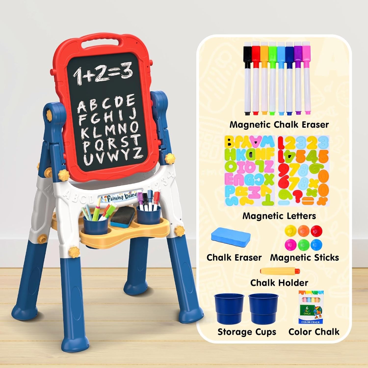AuntyFey Easel for Kids, Toddler Easel, Double-Sided Chalk Board Kid, White Board, Kid Art Easel, Art Easel Age 4-8, Christmas Gift, Red&Blue