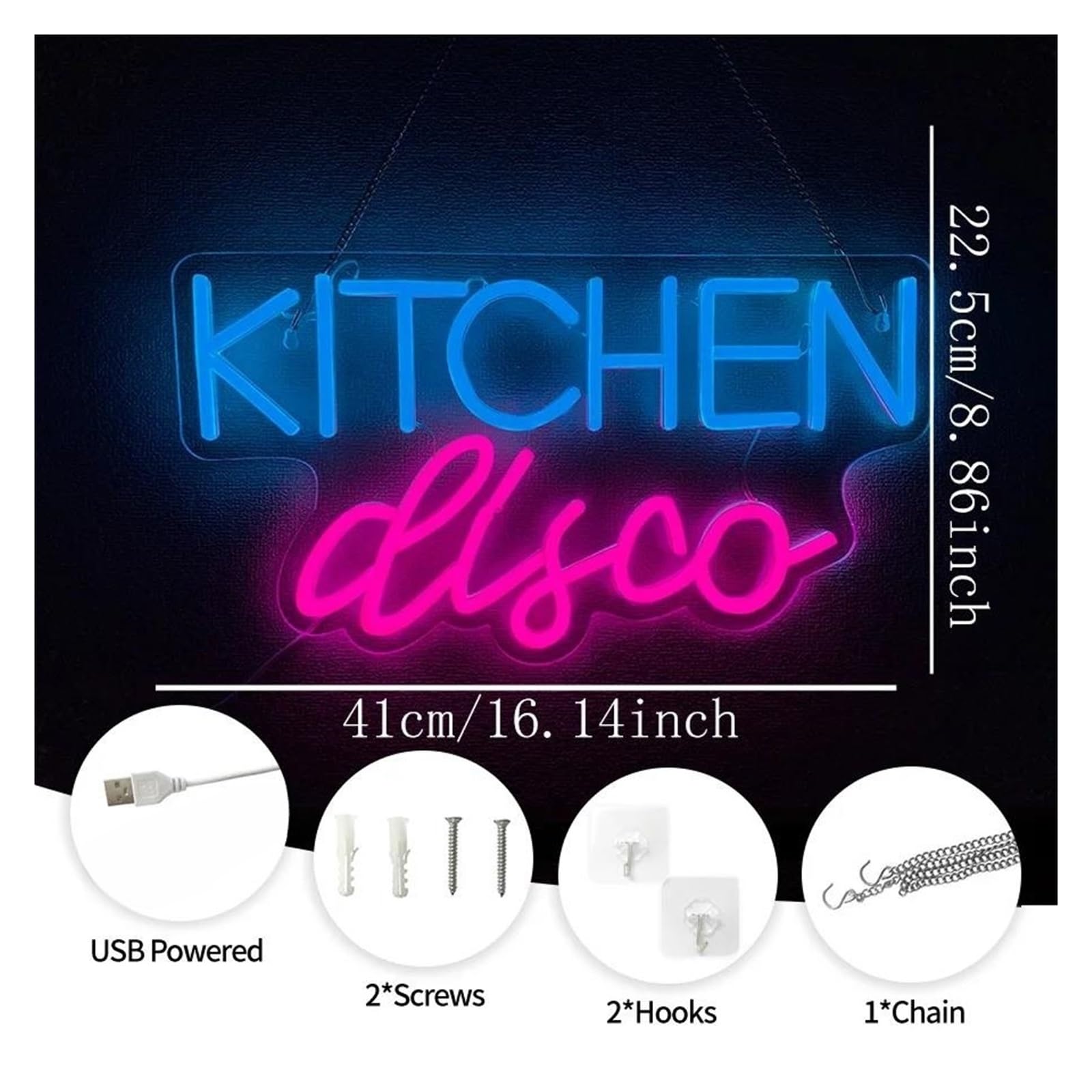 néon signe Enseigne Lumineuse Kitchen Disco À Intensité Variable, Alimentée Par USB, Pour Bar, Cuisine, Café, Restaurant, Fête, Décoration Murale, 41cmx22.5cm