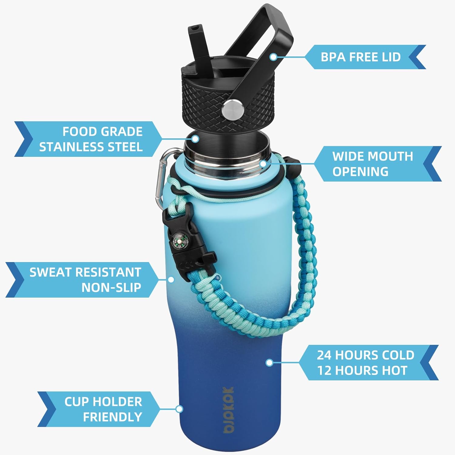 BJPKPK Insulated Water Bottles with Straw Lid, 23oz Metal Water Bottle with 2 lids & Paracord Strap, Double Wall Stainless Steel Vacuum Tumblers, Cups, Mugs, Thermo for Hot& Cold Drinks, Sky - Image 2