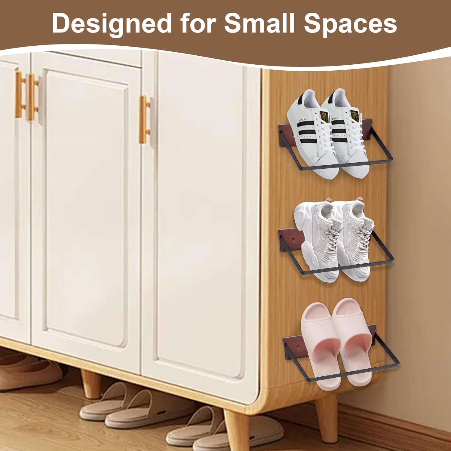 SCUNDA 2-Pack Wall Mounted Shoe Rack, Wooden & Metal Foldable Shoe Rack - Space Saving Wall Shoe Holder for Entryway, RV, Camper, Closet, Apartment, Fits Various Shoes-Brown