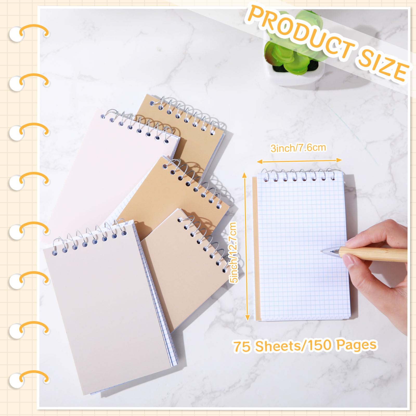 Teling Lot de 50 blocs-notes en papier graphique à spirale, 7,6 x 12,7 cm, petit bloc-notes de poche à spirale, 75 pages, mini quadrillage pour écrire, croquis, dessin, école, bureau, fournitures de