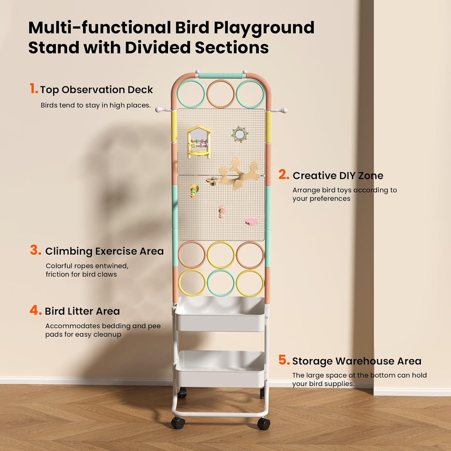Large Bird Playground, Parrot Perch Stand with Toys DIY Zone, Wheels, Toilet, Storage Space, Bird Stands for Inside Play Gym Stand for Parakeet Conure Cockatiel Lovebird Budgie African Greys