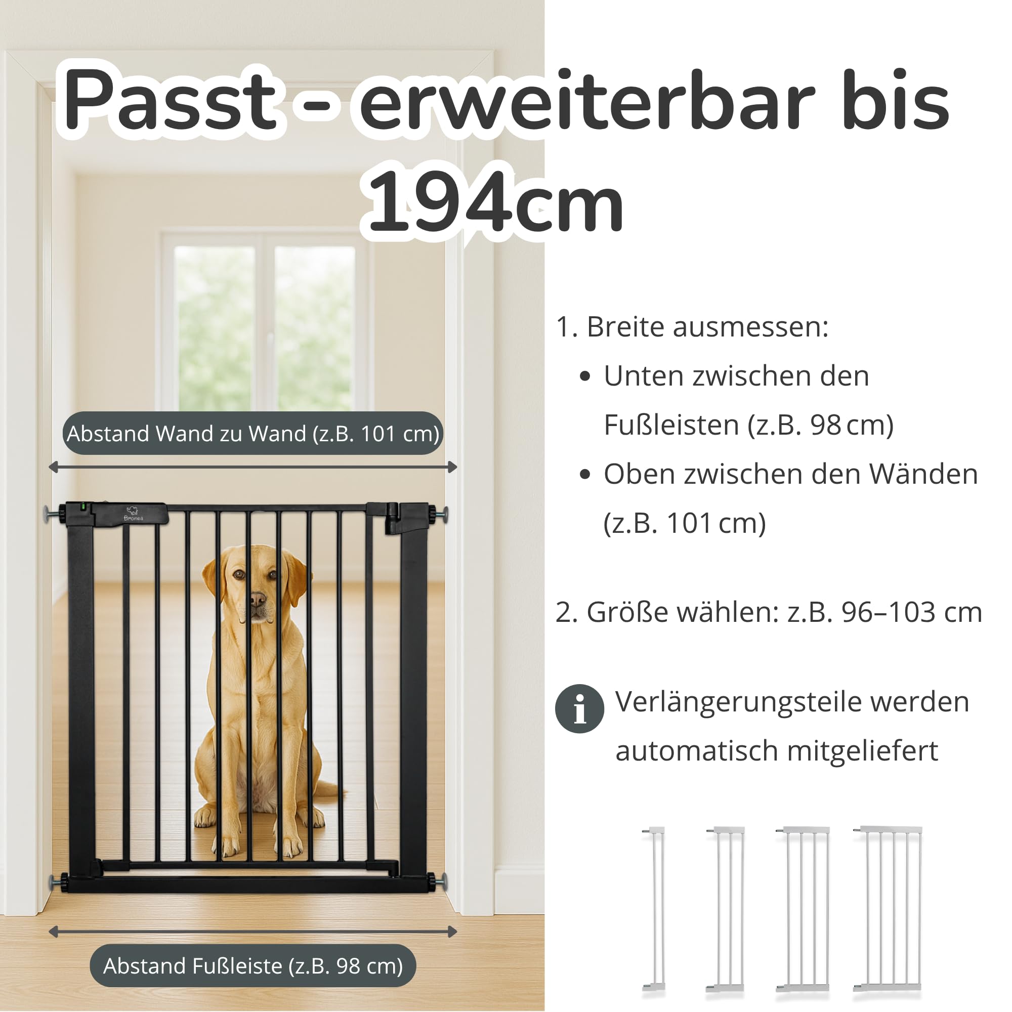 Luca Treppengitter ohne Bohren | Türgitter & Treppenschutzgitter zum Klemmen | verlängerbar 75-194 cm | Auto-Close, 90° Stop, beidseitig schwenkbar (152-159 cm)