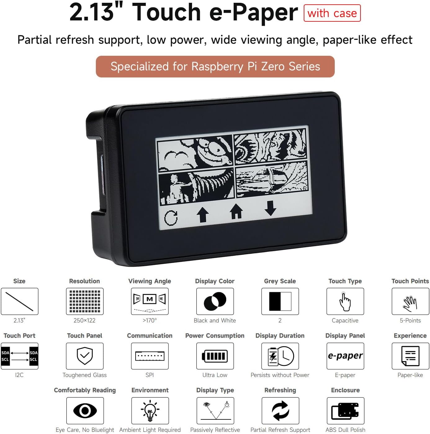 Infographic detailing features of the 2.13inch Touch e-Paper HAT, including size, resolution, viewing angle, display color, grey scale, touch type, touch points, touch port, touch panel, communication, power consumption, display duration, display panel, experience, comfortably reading, environment, display type, refreshing, and enclosure.